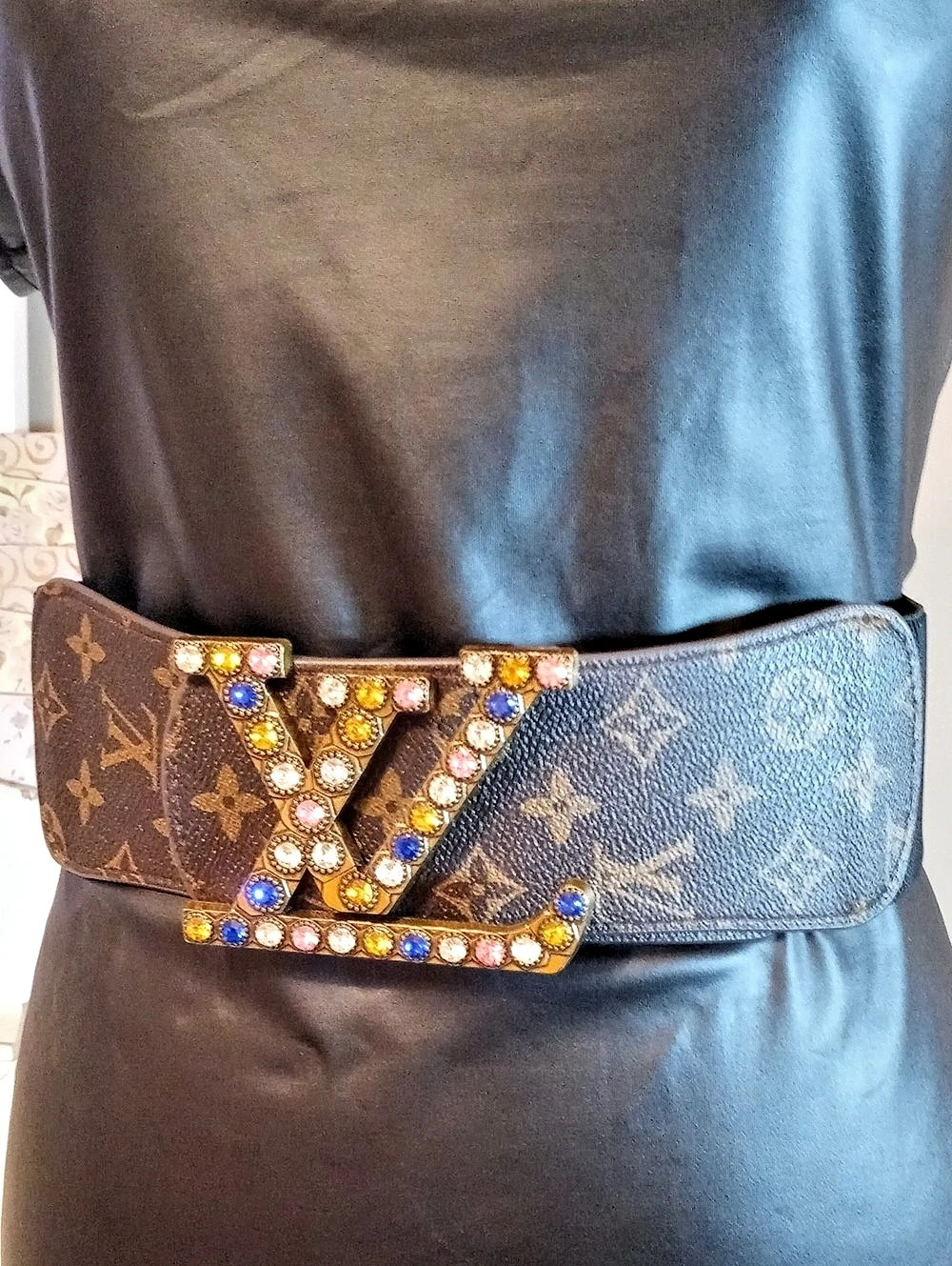 L V Designer Inspired Monogram Embellished Elastic Stretch Belt